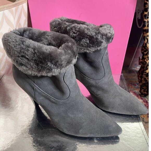 Sigerson Morrison 9.5 Suede Western Ankle Boot Shearling Fur Cone Heel Gray - Picture 8 of 10